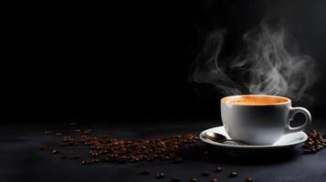 en kopp av varm kaffe och rostad kaffe bönor med en mörk bakgrund för copy ai generativ foto