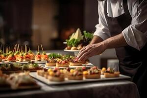 man händer av en servitör förbereda mat för en buffé tabell i en restaurang - buffé dag begrepp ai generativ foto