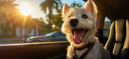 vit terrier går på en resa förbi bil, aning för en baner eller vykort, tid för resa och äventyr foto