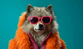 Lycklig hund karaktär i två tona eleganta solglasögon och päls täcka ser bort mot pastell och turkos bakgrund. ai generativ. foto