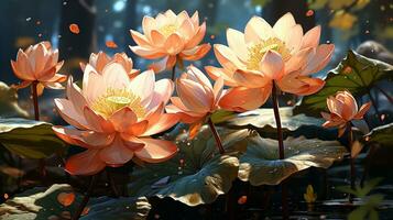 lotus och blomma Foto realistisk på kväll Sol ai genererad