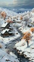 vit by stuga Hem hyra på vinter- ai genererad foto