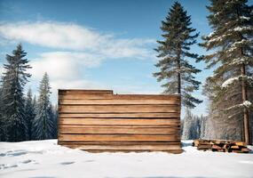 ai genererad vinter- bakgrund med kopia Plats på en trä- skrivbord med en vinter- se av tall träd i de bakgrund med en klar himmel foto