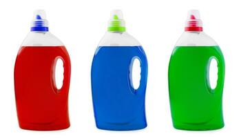 grön , röd och blå flytande tvål eller rengöringsmedel i en plast flaska foto