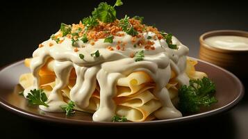 lasagne potatis majonnäs svamp ägg mat ai genererad foto