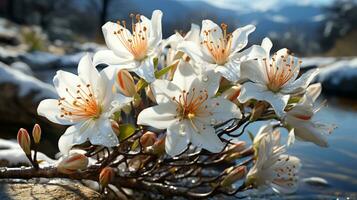 ai genererad vit lilja blomma på vinter- med skön Sol ljus foto