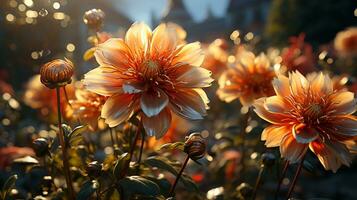 zinnia blomma solnedgång eller soluppgång himmel gul ljus på gyllene timmar kopia Plats vit vikta täcke liggande på vit säng bakgrund. framställning för vinter- säsong, hush ai genererad foto