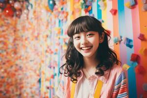 porträtt av asiatisk flicka leende i färgrik rum generativ ai foto