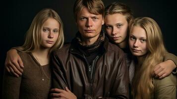 tre ung flickor och en man Framställ för de kamera generativ ai foto