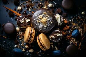 choklad macarons på en mörk bakgrund stock Foto generativ ai