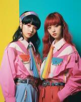 två asiatisk kvinnor bär färgrik kläder stående Nästa till varje Övrig generativ ai foto