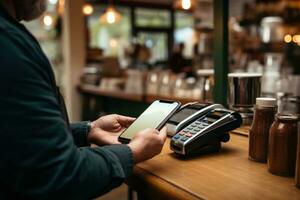 kund använder sig av telefon för betalning på Kafé restaurang. generativ ai foto