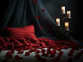 ai genererad ai generation. romantisk valentines dag bakgrund med säng med röd sängkläder, reste sig kronblad foto