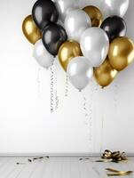 ai genererad ai generation. vit, svart, guld och silver- ballonger och konfetti på vit bakgrund foto