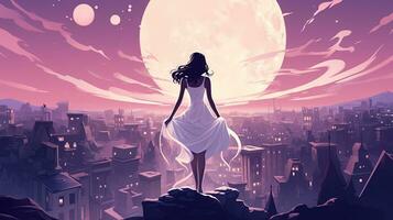 ai genererad en flicka i en vit klänning står på de bakgrund av en avlägsen kväll stad i anime stil. topp se foto
