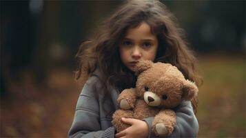 en liten flicka innehav en teddy Björn i henne händer ai genererad foto