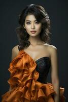 porträtt av ett asiatisk kvinna i en trendig klänning slående en utgör. ai genererad foto