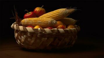 en korg fylld med majs och tomater ai genererad foto
