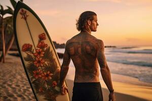 ai genererad skön manlig surfare med surfingbräda på de sandig strand. vatten sporter. friska aktiva livsstil. surfing. extrem sport. foto
