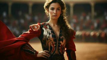 ai genererad en skön spanska kvinna matador i traditionell klädsel foto