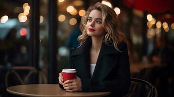 en skön flicka är Sammanträde med kaffe i en restaurang ai genererad foto
