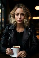 en skön flicka är Sammanträde med kaffe i en restaurang ai genererad foto