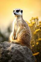 en meerkat Sammanträde på topp av en stor sten ai genererad foto