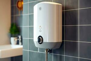 ai genererad modern badrum teknologi - närbild av varm vatten värmare apparat - generativ ai foto