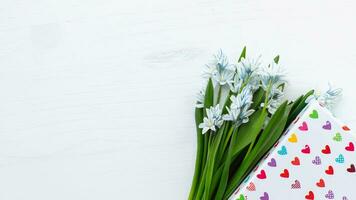 bukett färsk blå vår blommor scilla siberika och gåva låda. kopia Plats. 8 Mars, mors dag, st. valentine vår bakgrund foto