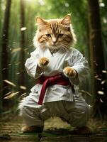 ai genererad söt katt i karate kimono Träning i de skog foto