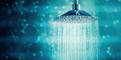 ai genererad modern badrum lyx - närbild se av vatten ström från dusch huvud - generativ ai foto