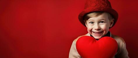 ai genererad Lycklig liten pojke med röd hjärtan på hjärtans dag. foto