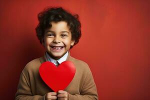 ai genererad Lycklig liten pojke med röd hjärtan på hjärtans dag. foto
