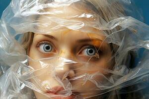 ai genererad plast förorening begrepp. närbild porträtt av skrämd skön flicka insvept i plast väska foto