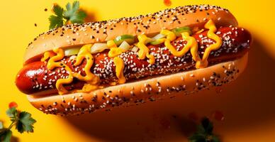 ai genererad färsk kokta varm hund med senap och ketchup - ai genererad bild foto
