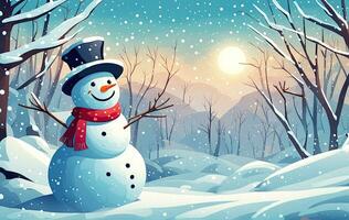 ai genererad jul kort med snögubbe, vinter- skog bakgrund. ny år design vykort. illustration. detta Foto var genererad använder sig av lekplats ai