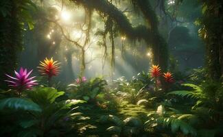 en mystisk skog med blomning yttre Plats blommor. foto
