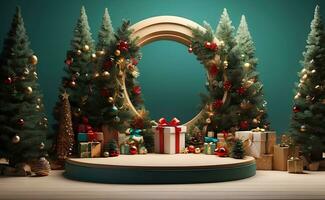 lyx glad jul produkt visa podium med tall träd och dekoration. foto