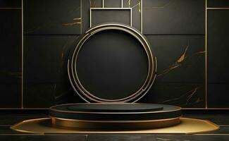 lyx modern svart och guld podium för produkt visa presentation. foto