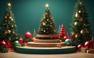 lyx glad jul produkt visa podium med tall träd och dekoration. foto