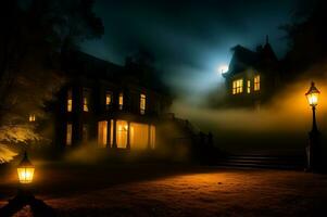 en läskigt herrgård på natt. läskigt trappa med dimma och en lysande spöklik uppenbarelse. ai genererad foto