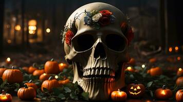 skrämmande halloween skalle dekorerad med många blommor. ai genererad foto