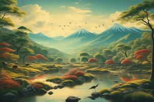 teckning tapet av en landskap av fåglar kran i de mitten av de skog i japansk årgång stil. ai genererad foto