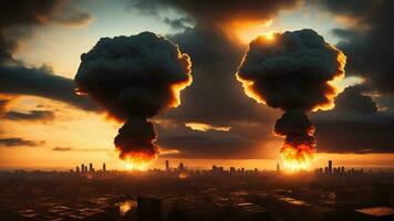 enorm naturlig katastrof eller kärn explosion svamp moln effekt över stad horisont. ai genererad foto