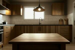 trä- tabell topp för produkt visa på kök modern interiör bakgrund. ai genererad foto