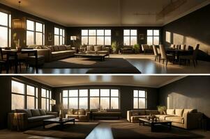 interiör design av modern lägenhet, levande rum med svart stuco väggar och dining rum. ai genererad foto