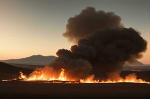 brand rök och aska överallt. pc skrivbordet tapet bakgrund. ai genererad foto