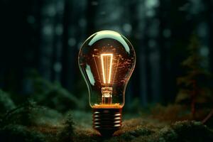 en lysande ljus Glödlampa i de mitten av en skog, generativ ai foto
