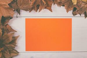 höst löv och orange papper på vit trä- bakgrund foto