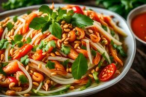 en skål av spaghetti med grönsaker och örter. ai-genererad foto